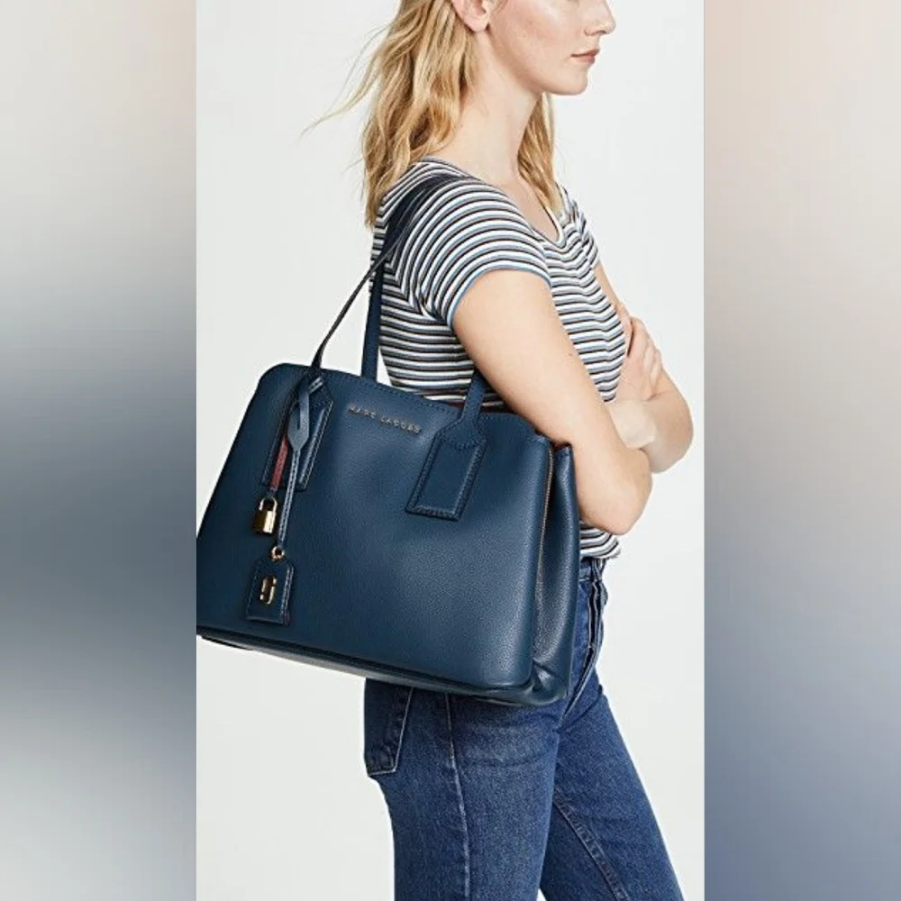 MARC JACOBS Editor Leather Tote Bag Blue Sea Navy Red Everyday Versatile Classic - Picture 2 of 16